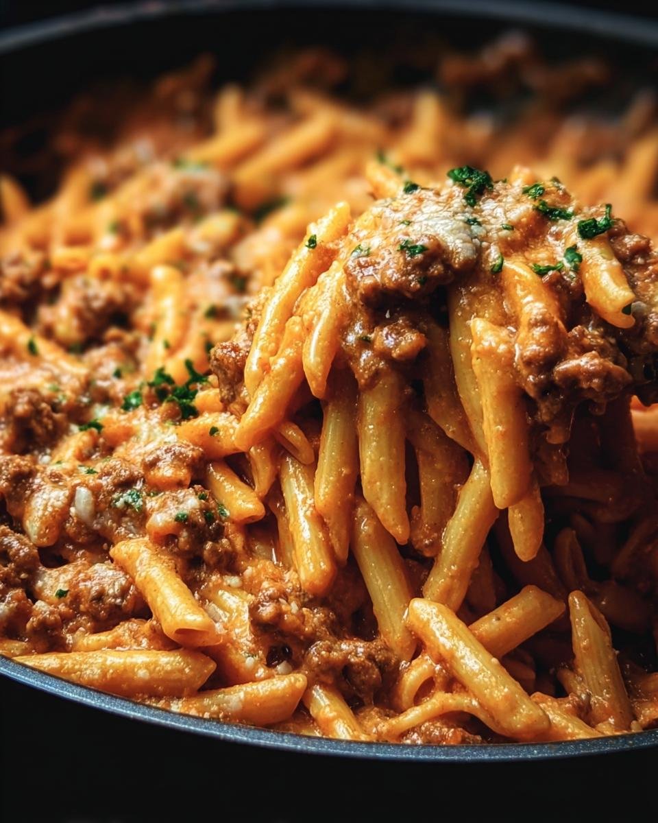 A close-up of High Protein Beef Pasta with penne, beef, tomato sauce, cheese, and parsley.