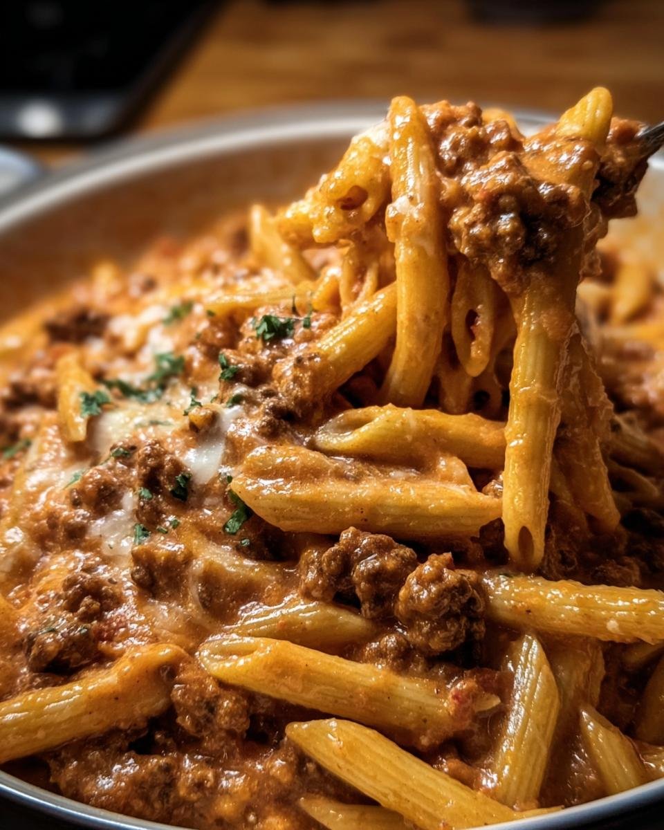 Close-up of High Protein Beef Pasta with penne, beef sauce, and melted cheese.