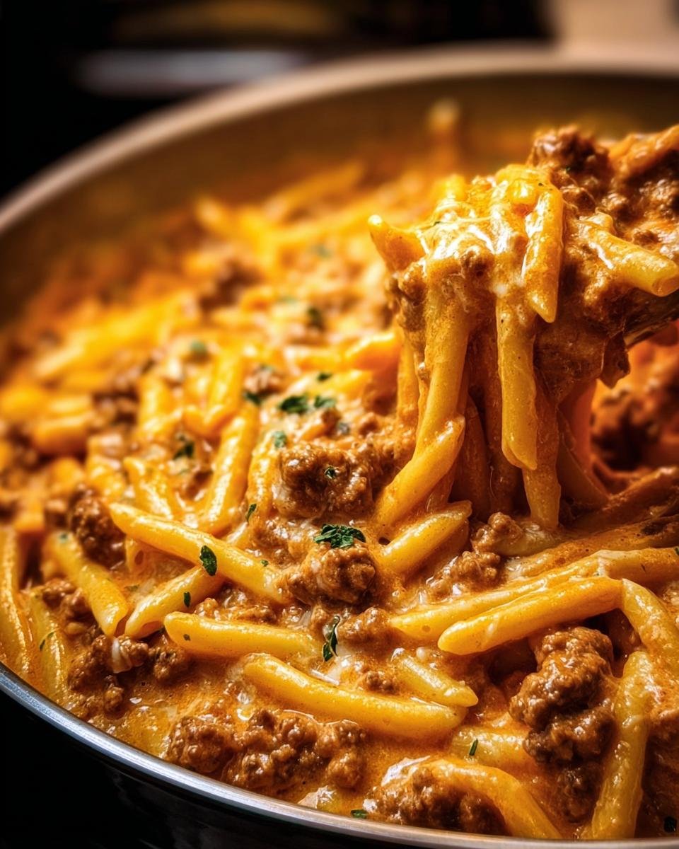 Close-up of High Protein Beef Pasta in a pan, featuring penne pasta, ground beef, and a creamy sauce.