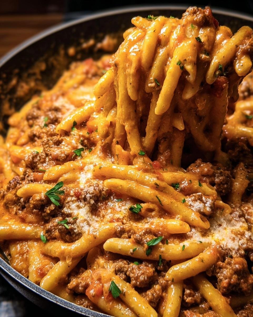 Close-up of High Protein Beef Pasta in a pan, featuring pasta, beef, sauce, and herbs.