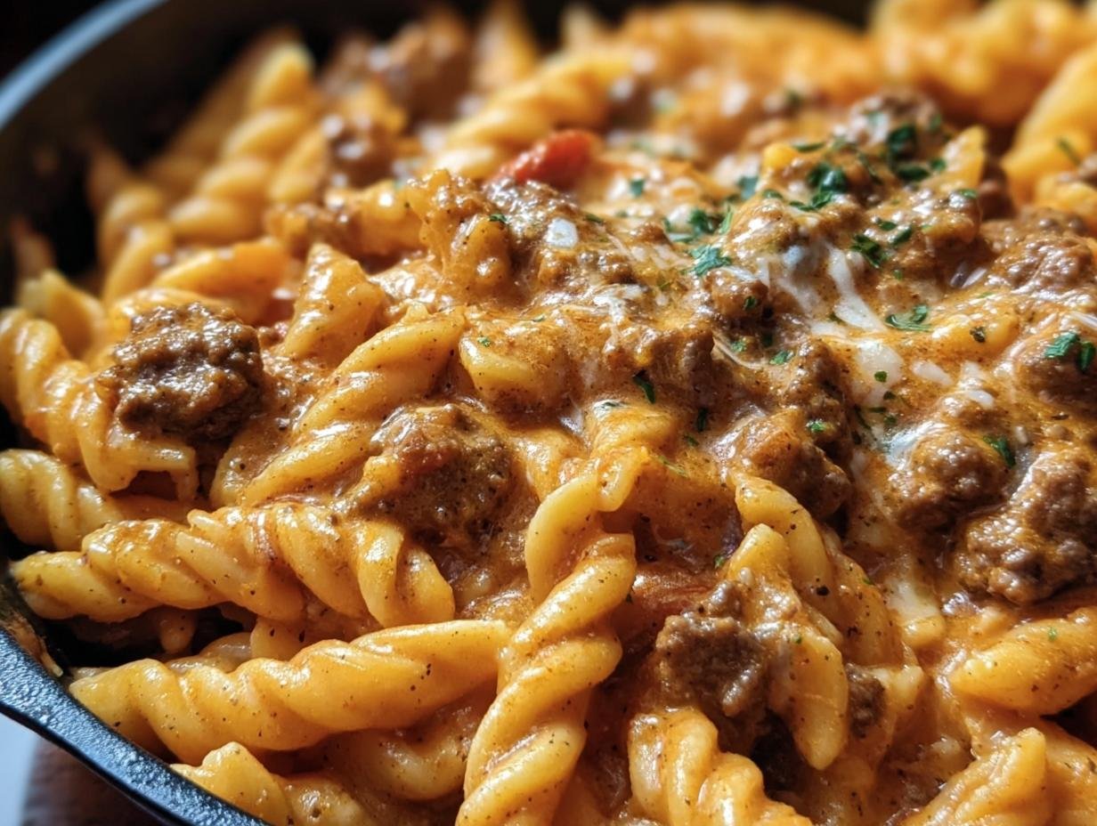 Close-up of High Protein Beef Pasta featuring spiral pasta, beef, creamy sauce, and herbs.