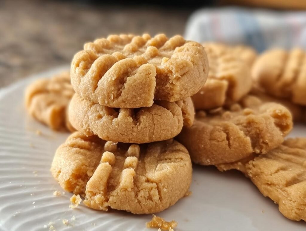A stack of three Homemade Copycat Nutter Butters cookies on a white plate, with more cookies scattered around.