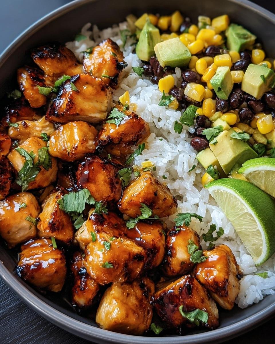 A vibrant Honey Chipotle Chicken Bowl with rice, chicken, corn, beans, avocado, and lime.