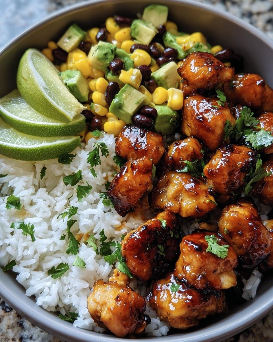 A vibrant Honey Chipotle Chicken Bowl with rice, corn, black beans, avocado, lime, and cilantro.
