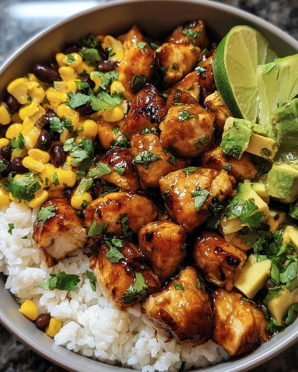 A vibrant Honey Chipotle Chicken Bowl with rice, corn, beans, avocado, lime, and cilantro.