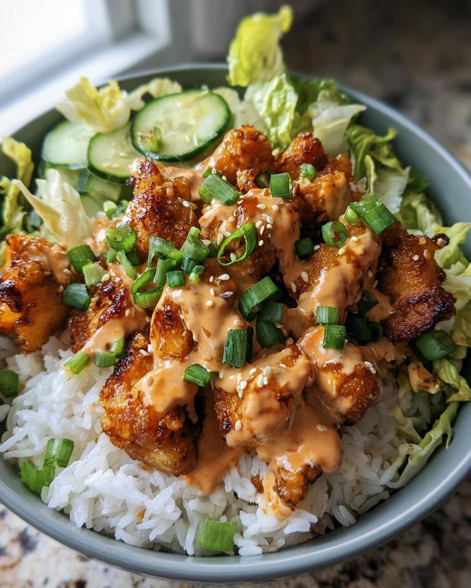 A delicious Honey Chipotle Chicken Bowl with rice, lettuce, cucumber, green onions, and sesame seeds.