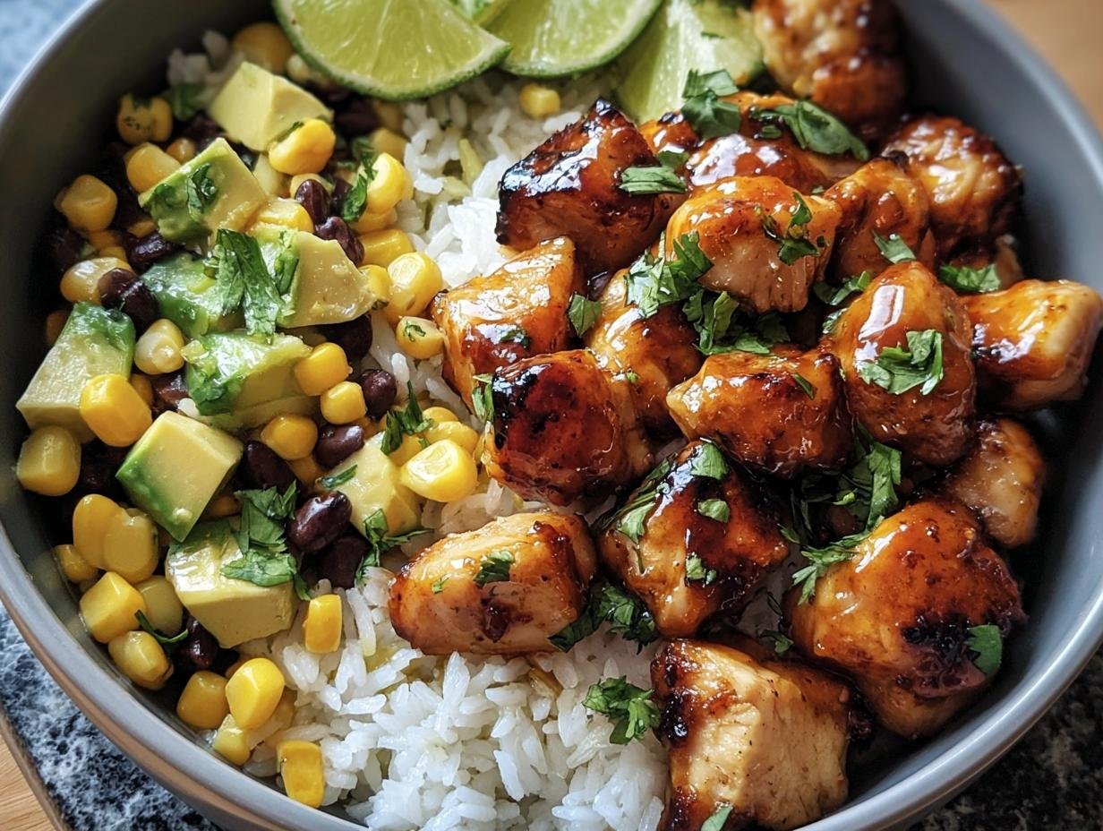 A delicious Honey Chipotle Chicken Bowl with rice, avocado, corn, black beans, and lime.