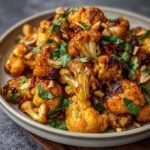 Close-up of Honey Curry Roasted Cauliflower on a plate, garnished with fresh herbs and nuts.