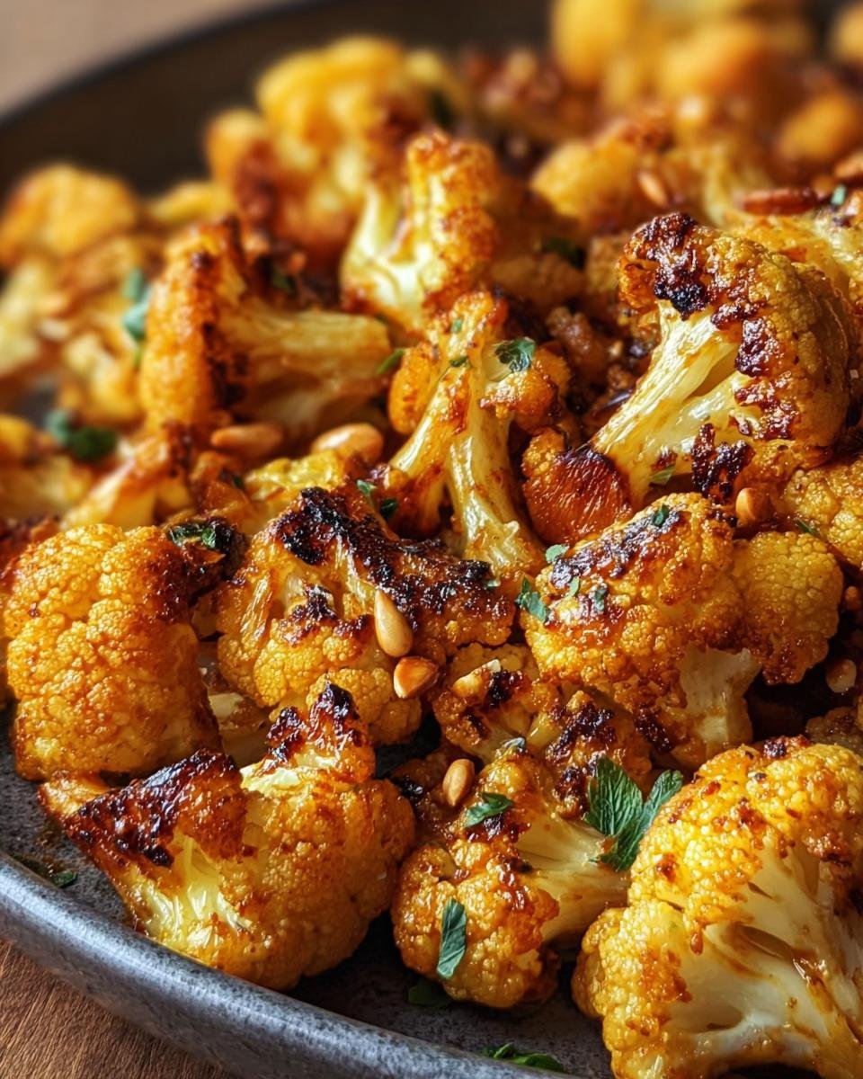 Close-up of Honey Curry Roasted Cauliflower florets on a plate, garnished with herbs and nuts.