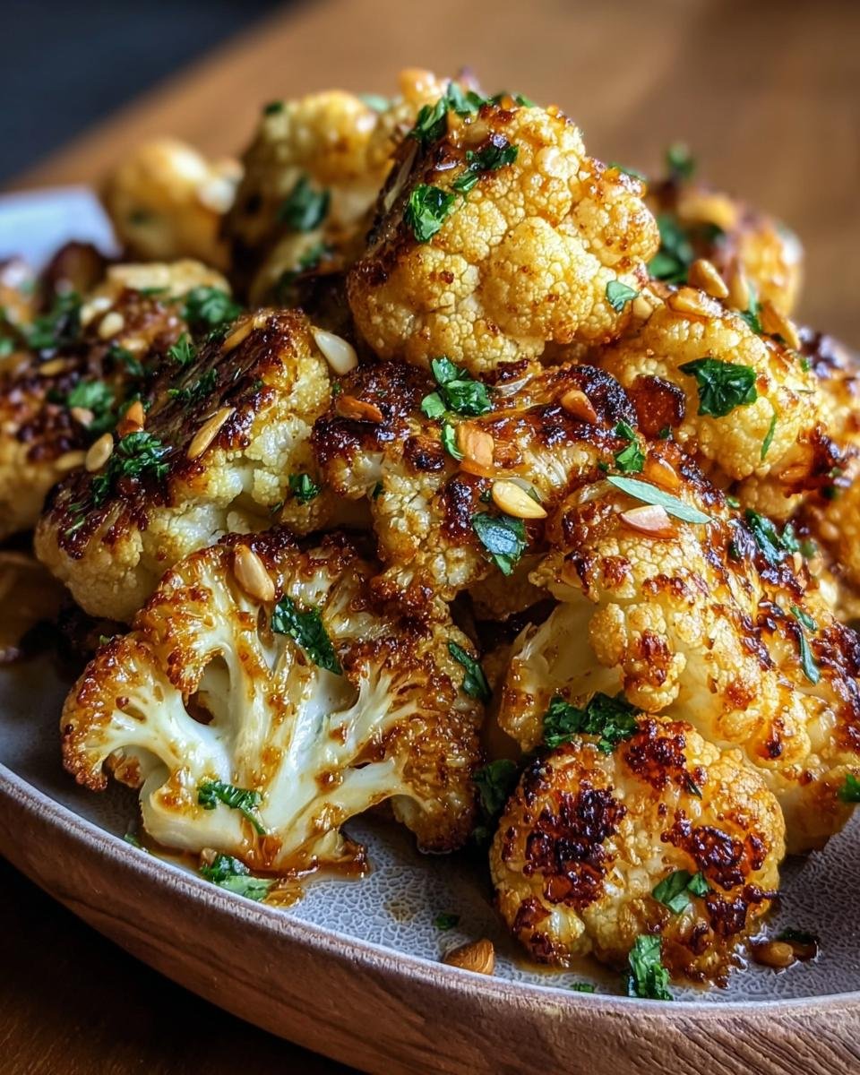 Close-up of Honey Curry Roasted Cauliflower on a plate, garnished with herbs and nuts.
