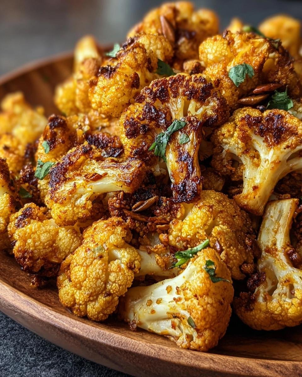 Close-up of Honey Curry Roasted Cauliflower florets on a wooden plate, garnished with herbs.