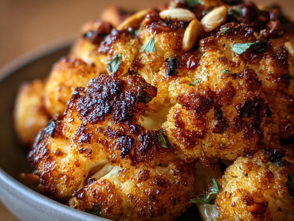 Close-up of Honey Curry Roasted Cauliflower, showing its golden-brown color, herbs and almonds.