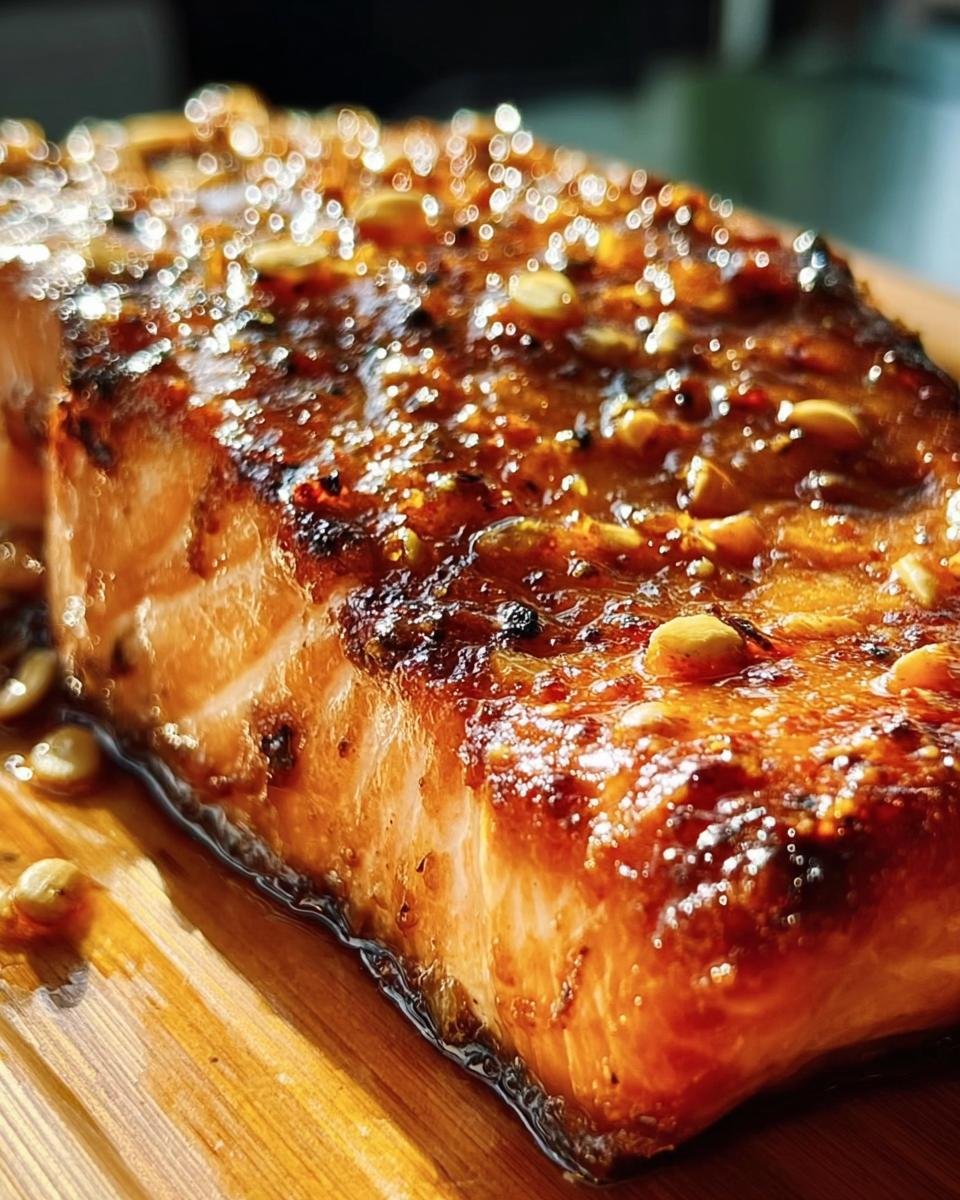 A close-up of glazed Hot Honey Salmon, showcasing its crispy edges and glistening honey coating.
