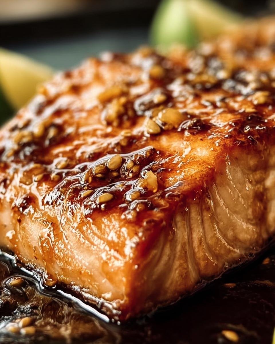 A close-up of glazed Hot Honey Salmon, showing the texture and glaze with sesame seeds.