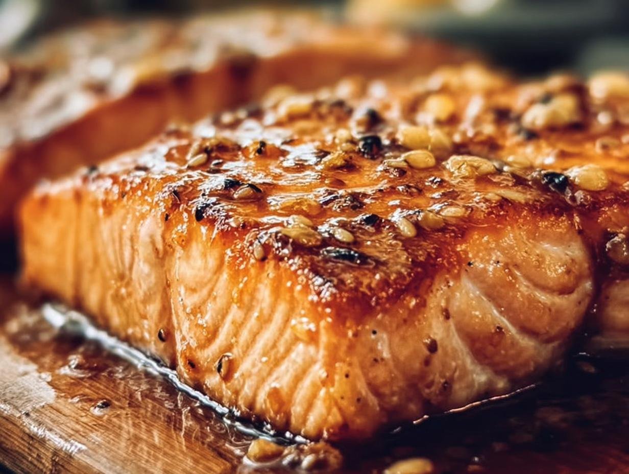 A close-up of glazed Hot Honey Salmon with sesame seeds, glistening on a wooden board.