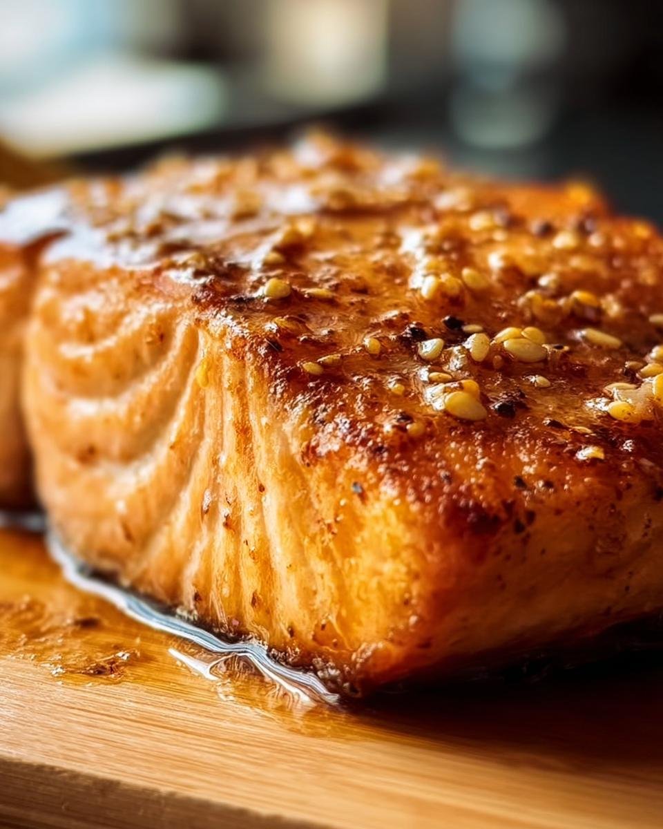 Close-up of a glazed Hot Honey Salmon fillet on a wooden board, showcasing its texture and glaze.