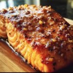 Close-up of a glazed Hot Honey Salmon fillet on a wooden board, showcasing its texture and glaze.