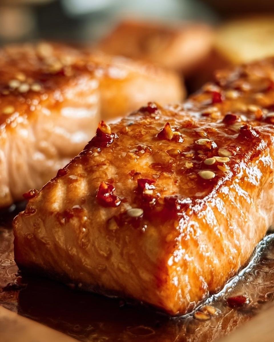 Close-up of a glazed Hot Honey Salmon fillet, topped with chili flakes and sesame seeds.