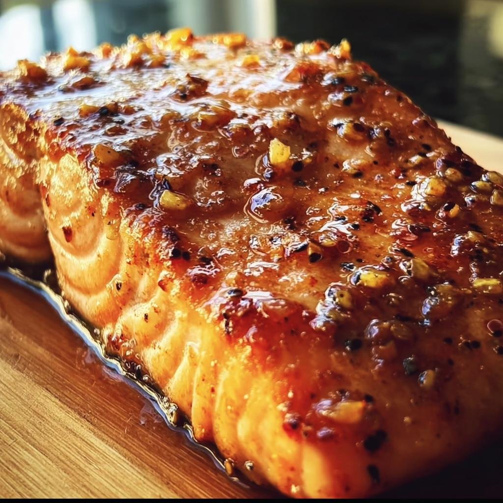 Close-up of a glazed Hot Honey Salmon fillet on a wooden board, showcasing its texture and glaze.