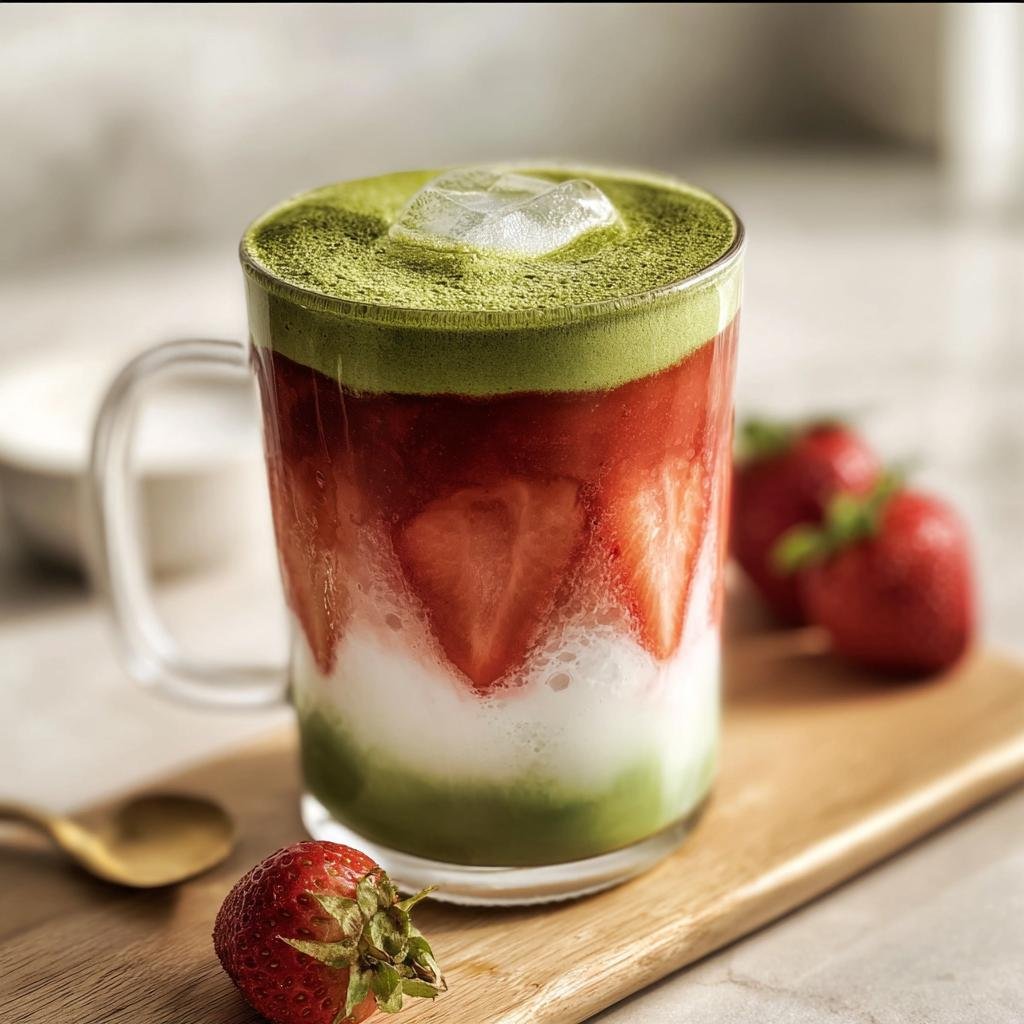 A layered Iced Strawberry Matcha Latte with matcha, milk, and strawberry layers in a glass mug.