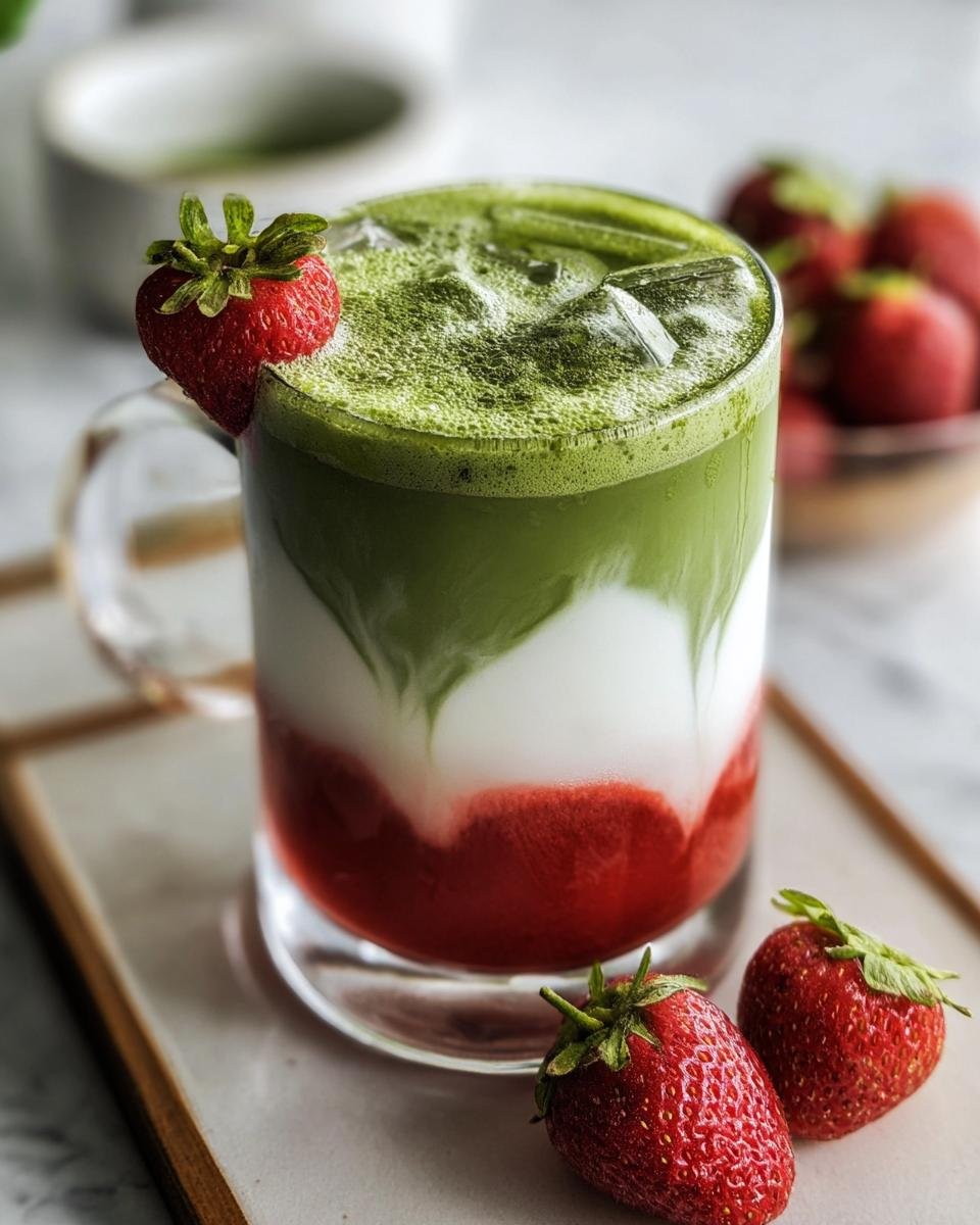 A refreshing Iced Strawberry Matcha Latte in a glass, garnished with fresh strawberries. Layers of strawberry, milk, and matcha.