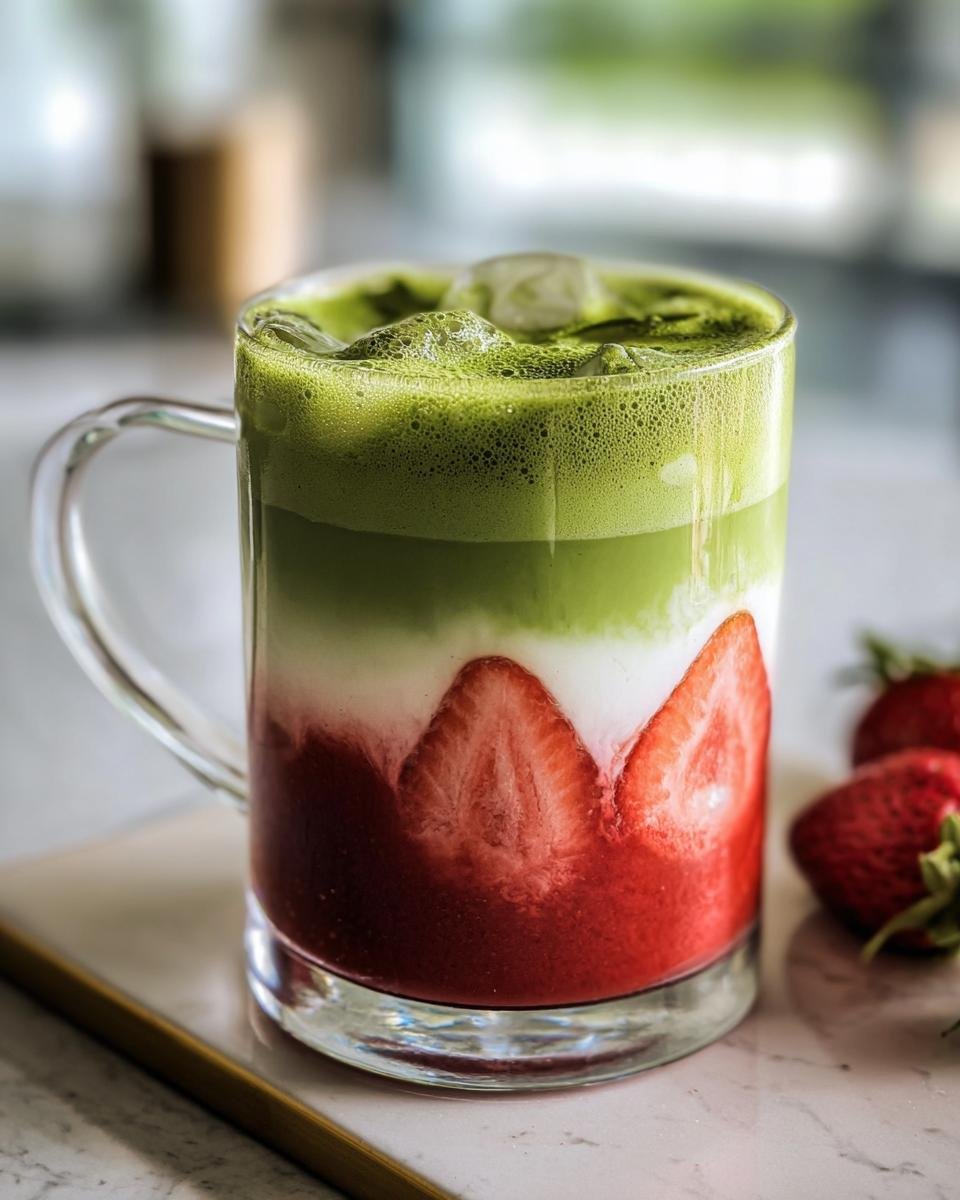 A layered Iced Strawberry Matcha Latte in a glass mug, showing strawberry, milk, and matcha layers.