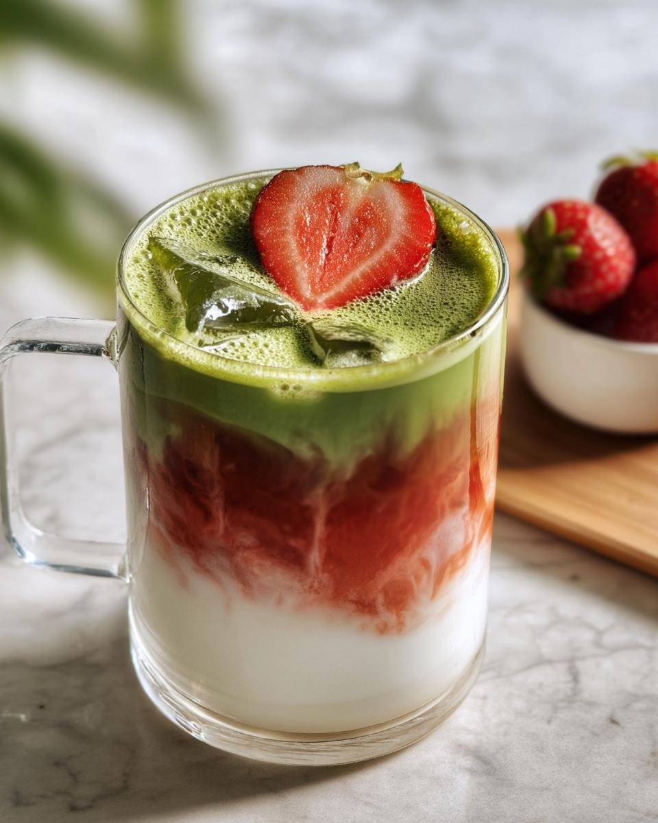 A refreshing Iced Strawberry Matcha Latte in a clear mug, garnished with a strawberry slice.