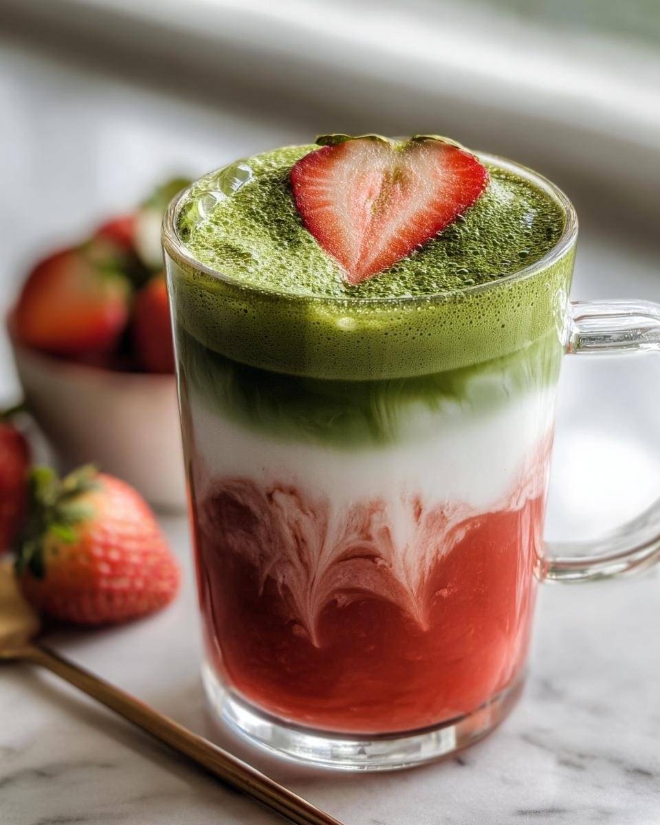 A layered Iced Strawberry Matcha Latte in a glass mug, topped with a strawberry slice. Fresh strawberries on the side.