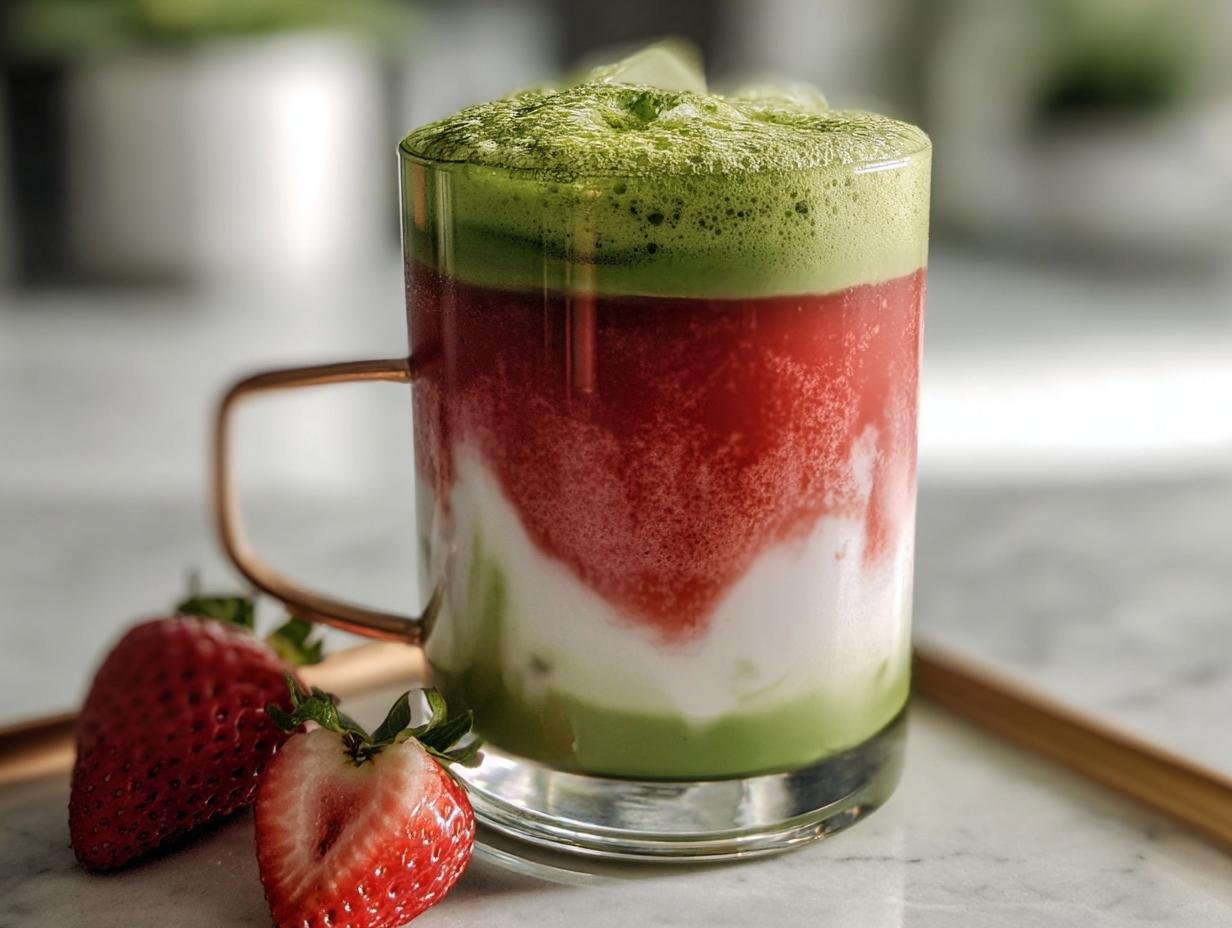 A layered Iced Strawberry Matcha Latte in a glass mug with fresh strawberries on a marble surface.