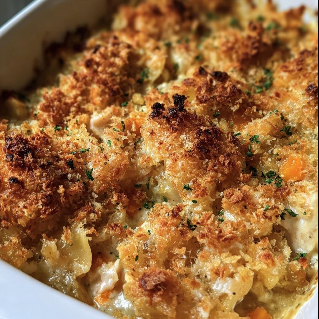 Close-up of Ina Garten's Chicken Casserole with a golden brown, crispy topping and garnished with herbs.