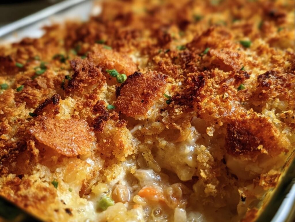 Close-up of Ina Garten's Chicken Casserole with a golden-brown breadcrumb topping and creamy chicken filling.