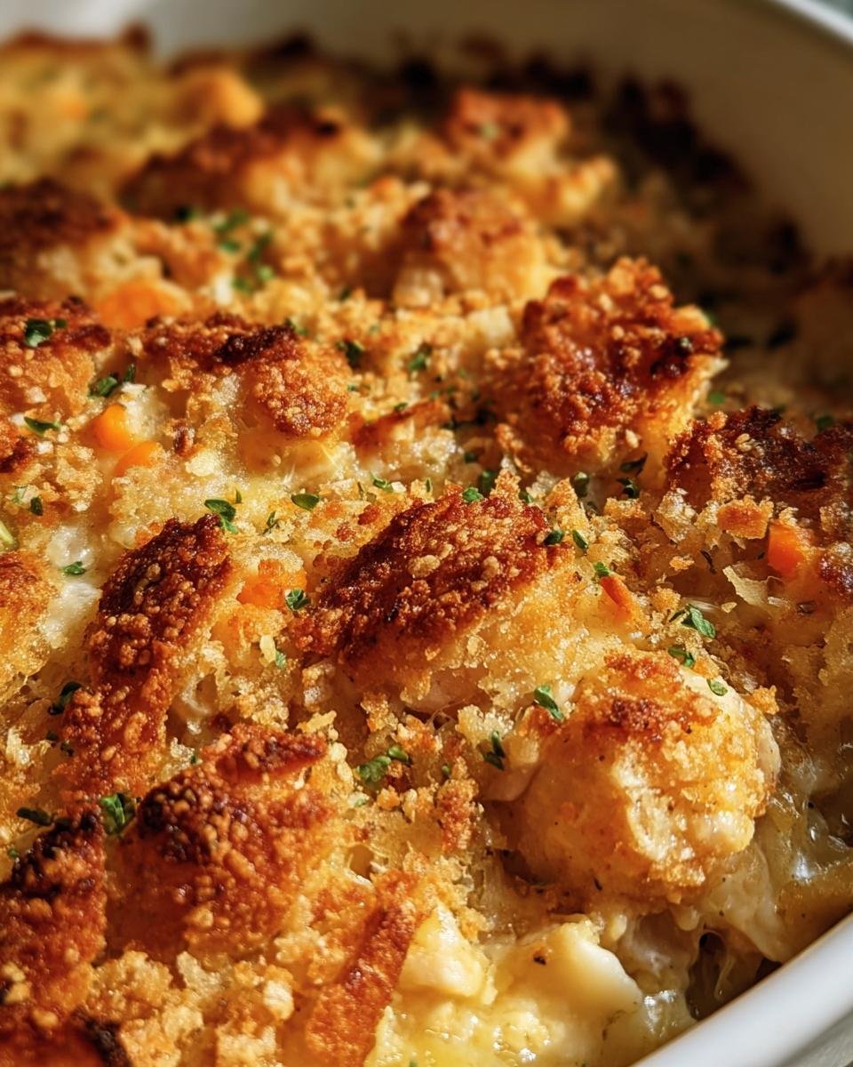 Close-up of Ina Garten's Chicken Casserole with golden brown topping and fresh herbs.