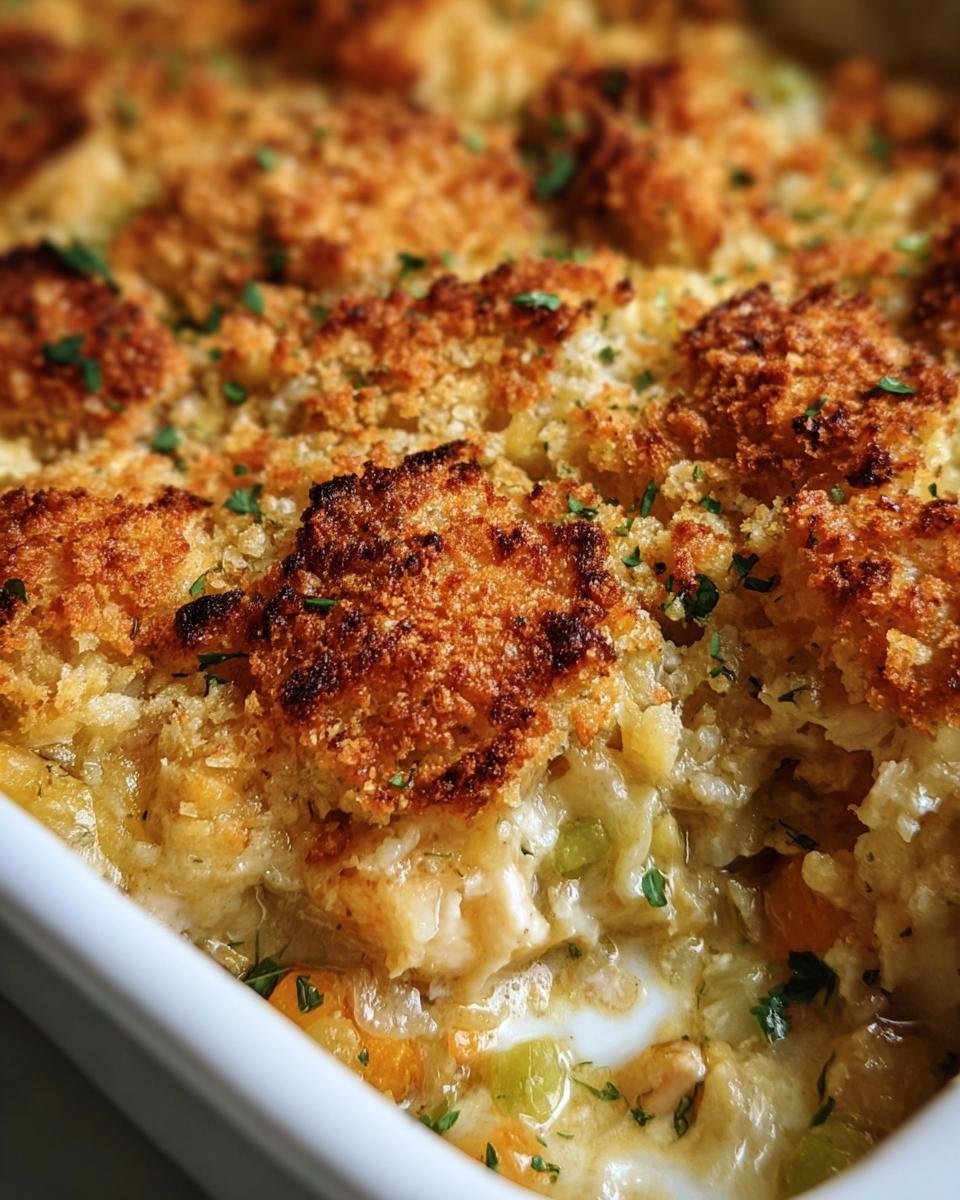 Detailed view of Ina Garten's Chicken Casserole Recipe with golden brown topping and creamy filling.