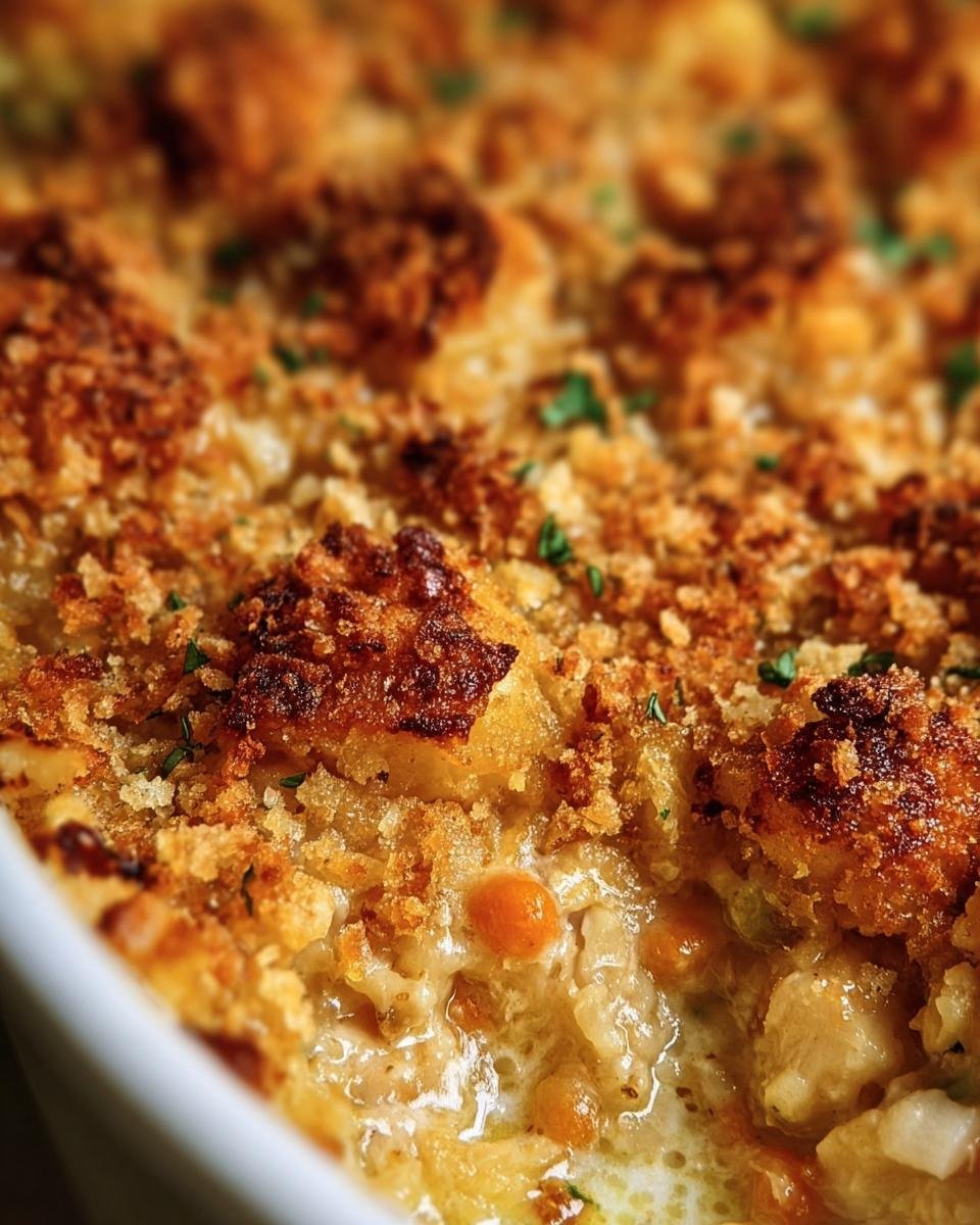 A close-up of Ina Garten's Chicken Casserole with a golden, crispy topping and creamy filling.