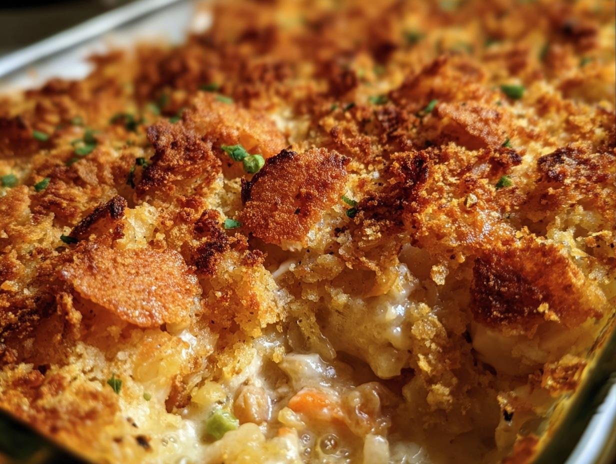 Close-up of Ina Garten's Chicken Casserole with a golden-brown breadcrumb topping and creamy chicken filling.