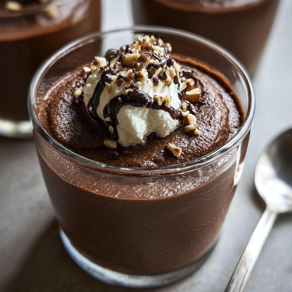 Close-up of Keto Chocolate Mousse in a glass, topped with whipped cream, chocolate drizzle, and chopped nuts.