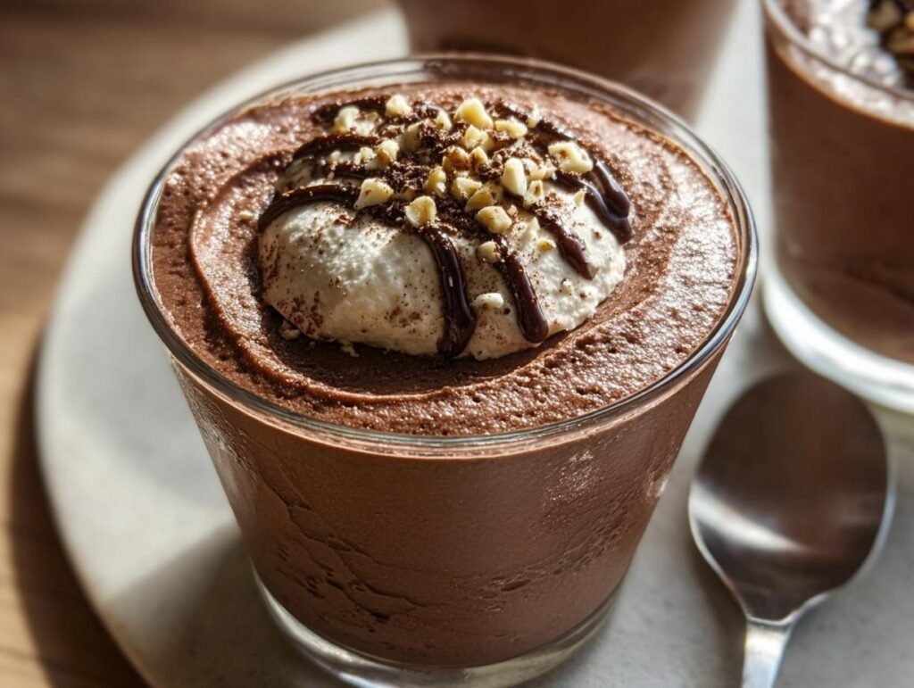 A glass of creamy Keto Chocolate Mousse topped with whipped cream, chocolate drizzle, and chopped nuts.