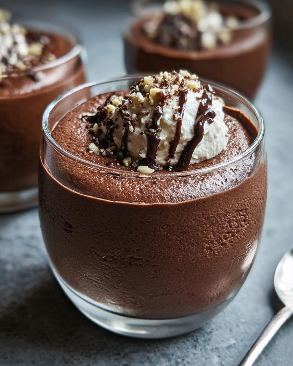 A glass filled with rich Keto Chocolate Mousse, topped with whipped cream, chocolate drizzle, and chopped nuts.