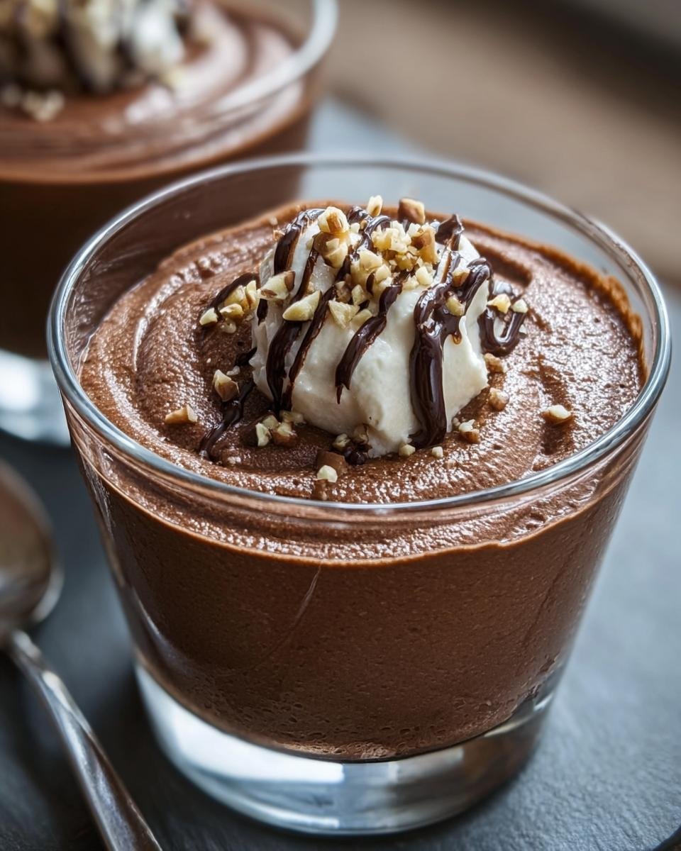 Two glasses of Keto Chocolate Mousse topped with whipped cream, chocolate drizzle, and chopped nuts.
