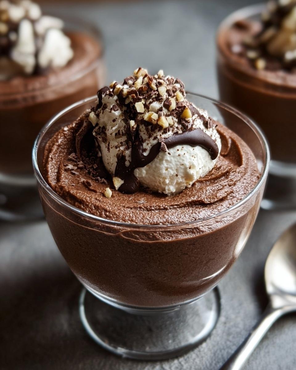 A glass bowl filled with decadent Keto Chocolate Mousse, topped with whipped cream, chocolate sauce, and chopped nuts.