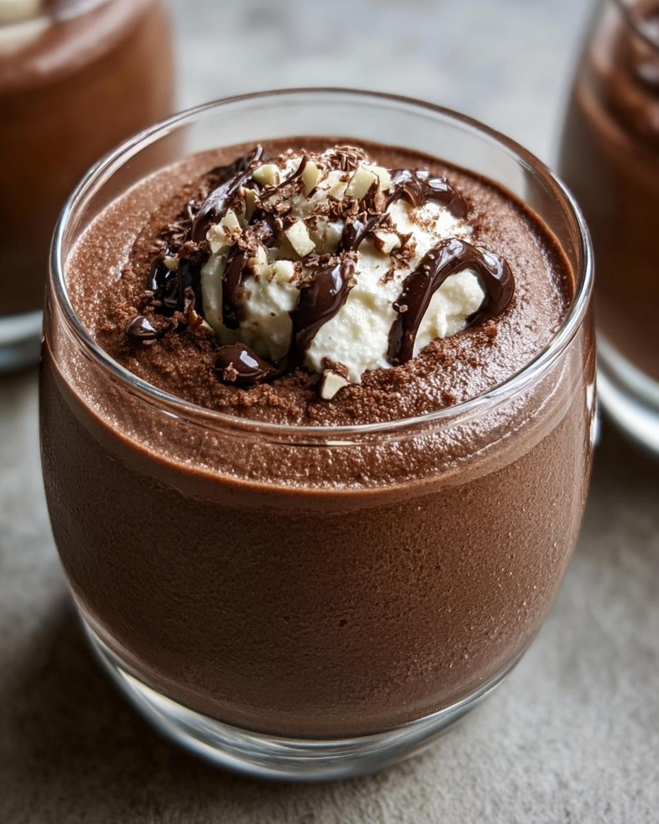 Close-up of Keto Chocolate Mousse in a glass, topped with whipped cream, chocolate drizzle, and chopped nuts.