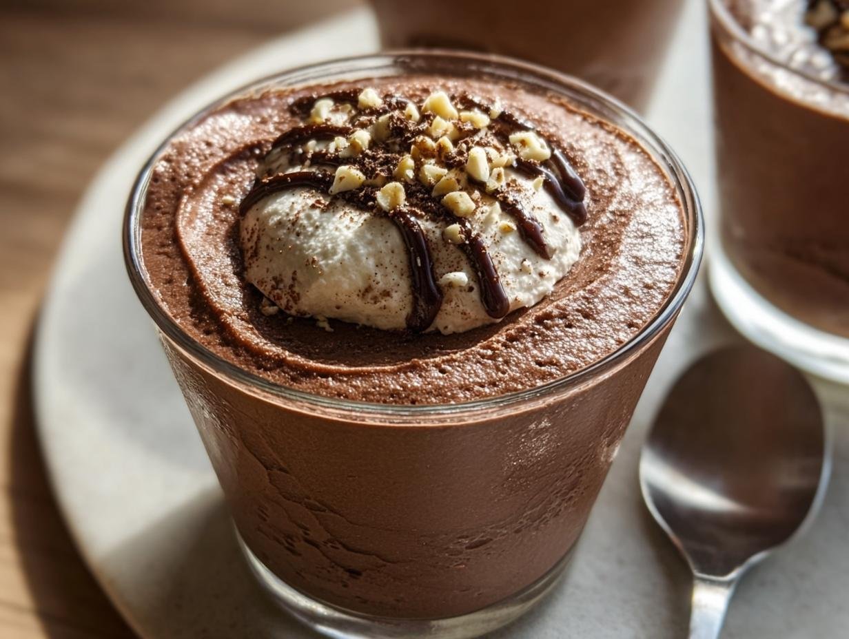 A glass of creamy Keto Chocolate Mousse topped with whipped cream, chocolate drizzle, and chopped nuts.
