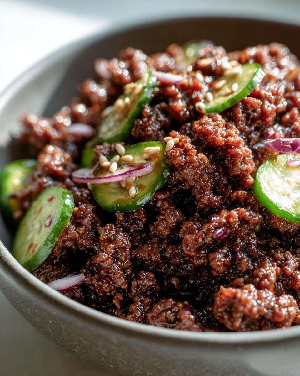 Close-up of Keto Korean Ground Beef in a bowl, garnished with cucumbers, red onions, and sesame seeds.