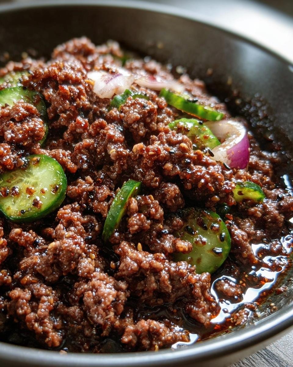 Close-up of Keto Korean Ground Beef in a bowl, garnished with cucumber slices and red onion.
