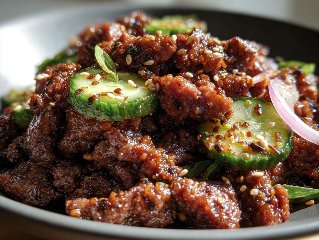 Close-up of Keto Korean Ground Beef with cucumber and sesame seeds in a bowl.