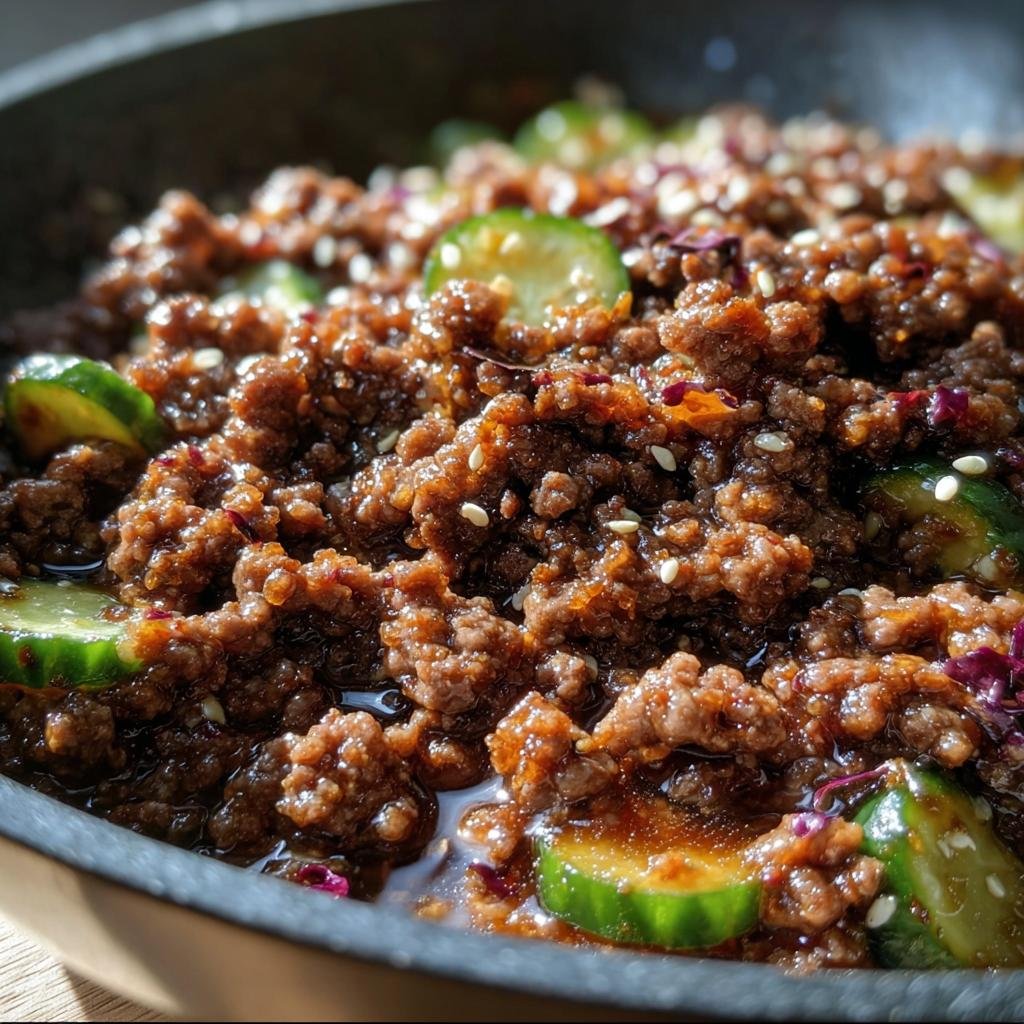 Close-up of Keto Korean Ground Beef in a pan, garnished with cucumber slices and sesame seeds.