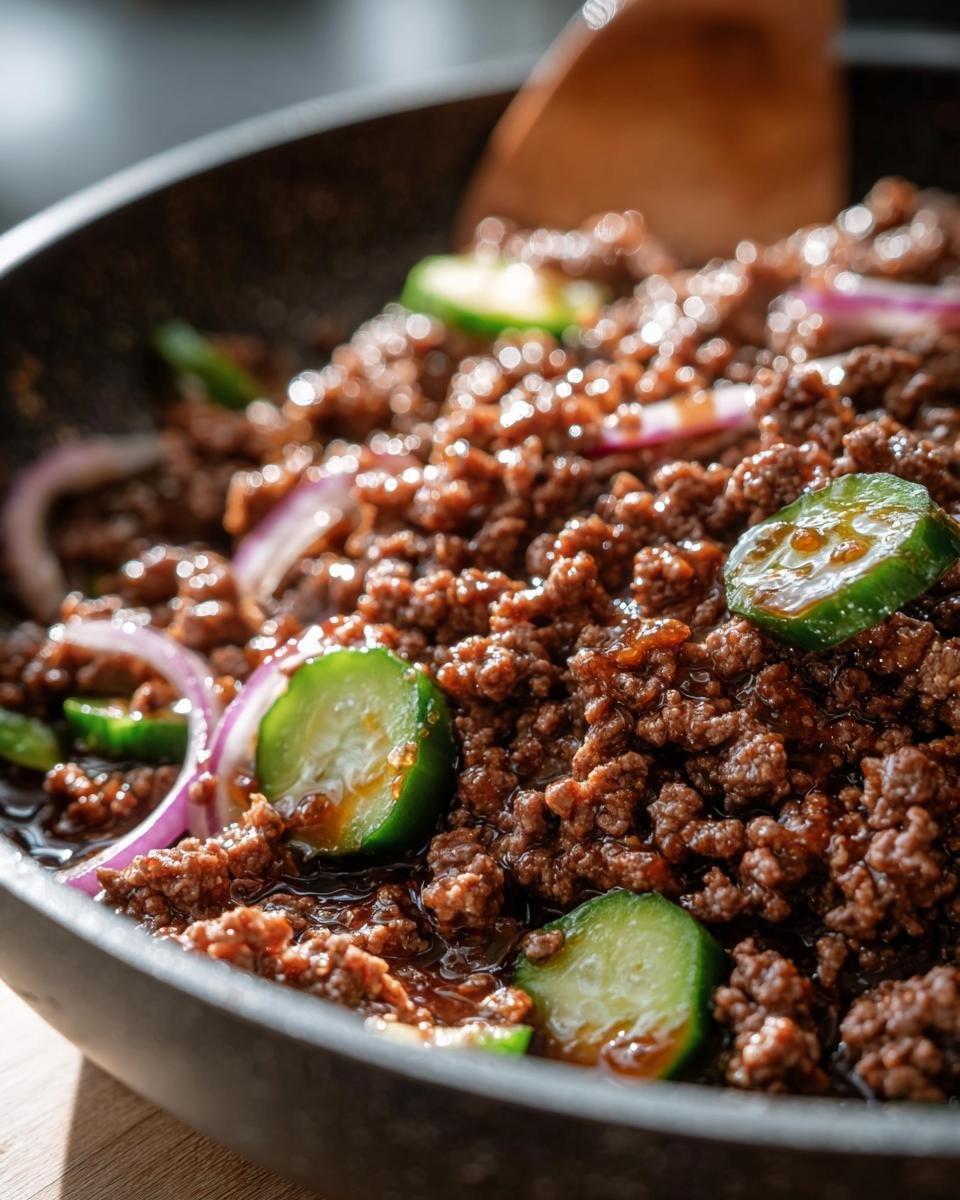 Close-up of Keto Korean Ground Beef in a skillet, garnished with cucumber slices and red onion.