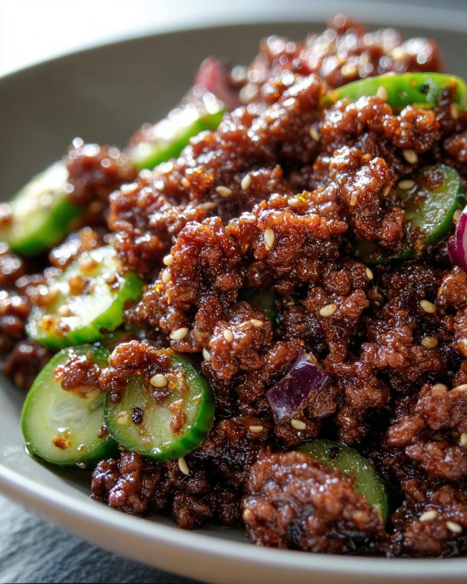 Close-up of Keto Korean Ground Beef with cucumber slices and sesame seeds in a bowl.