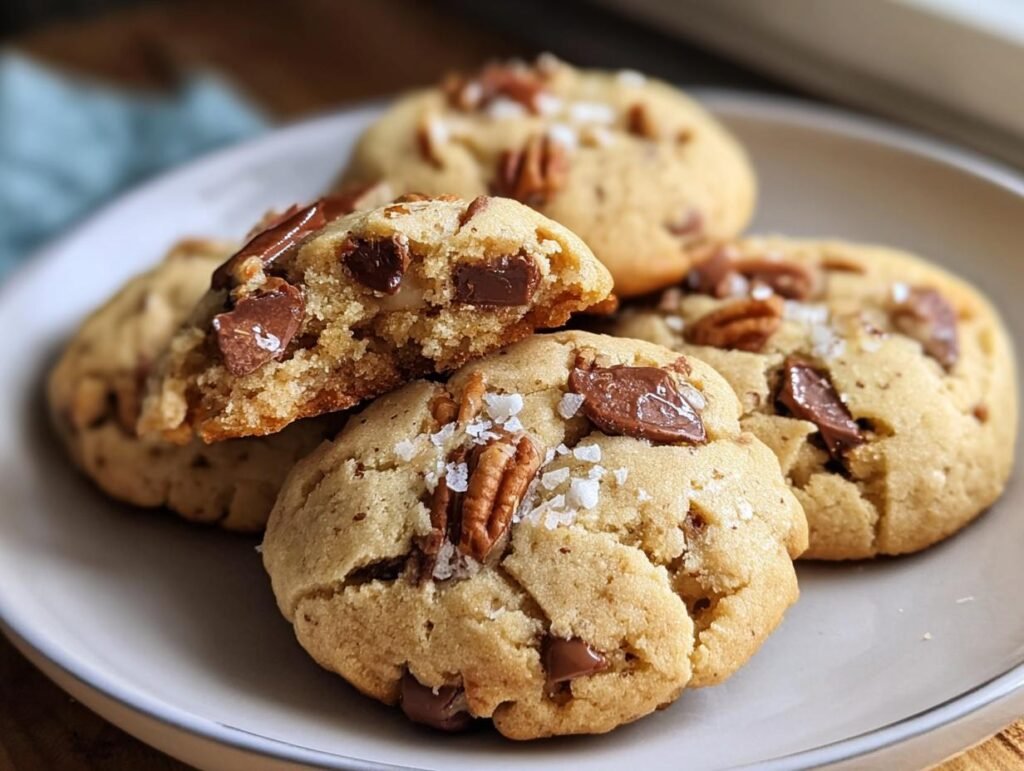 A tempting stack of Keto Pecan Softies cookies, one broken to show the soft inside with chocolate chunks and pecan pieces.
