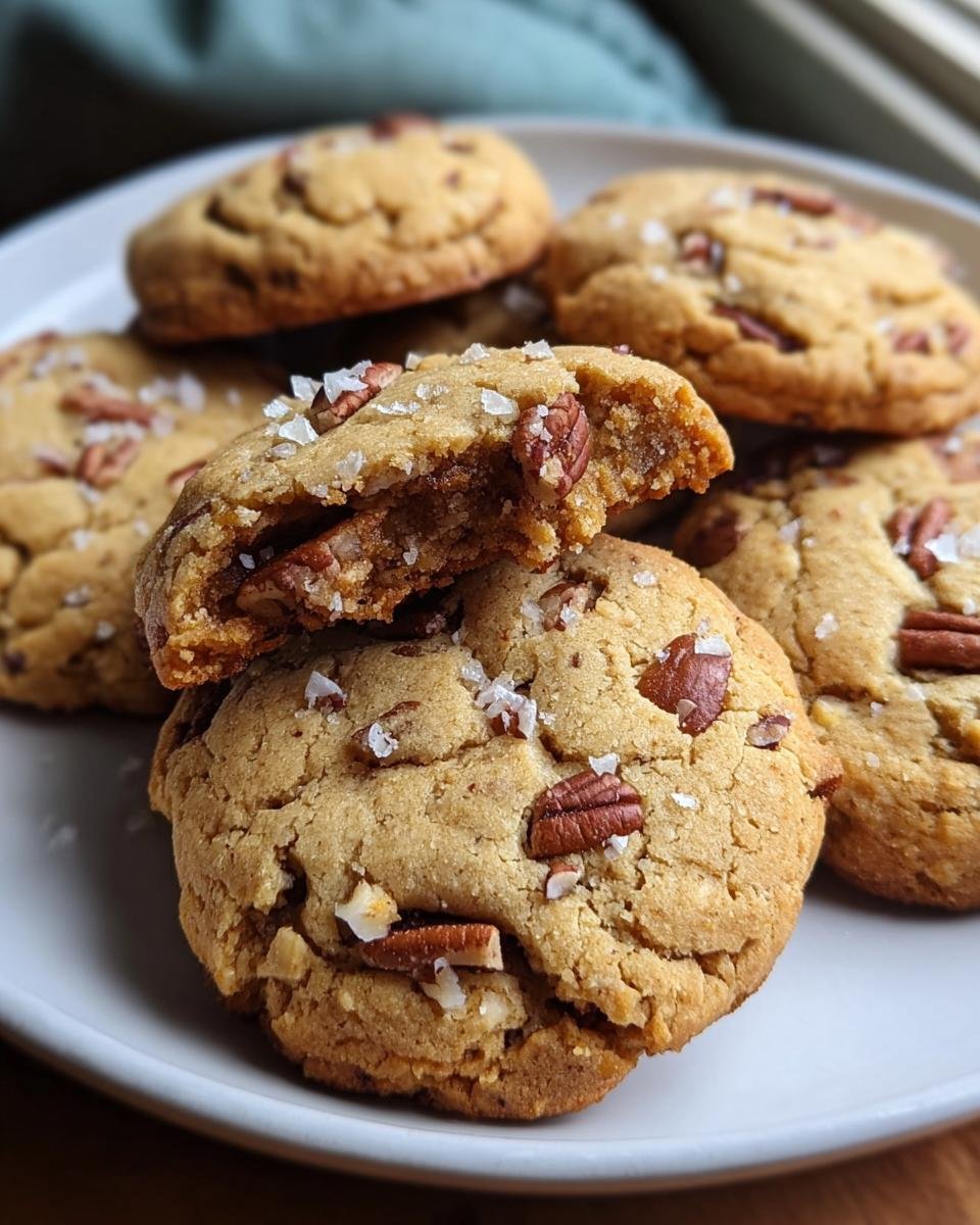 A plate of freshly baked Keto Pecan Softies, one broken in half to show the chewy texture.